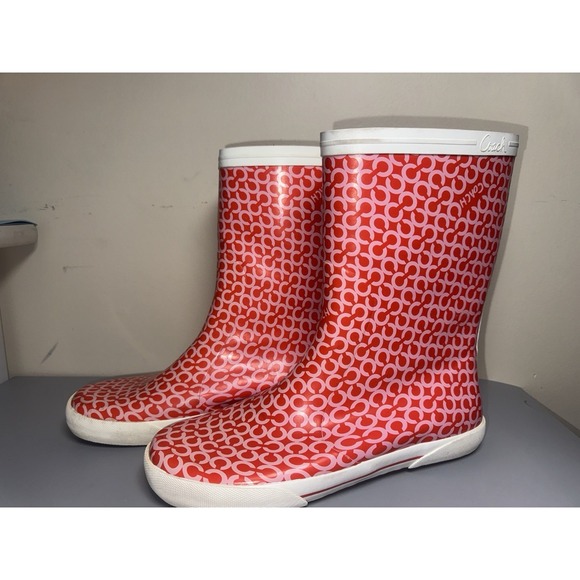 Coach Ursula Rain Boots Red Pink Signature Logo‎ Rubber Women's Shoes 9 - Picture 1 of 9